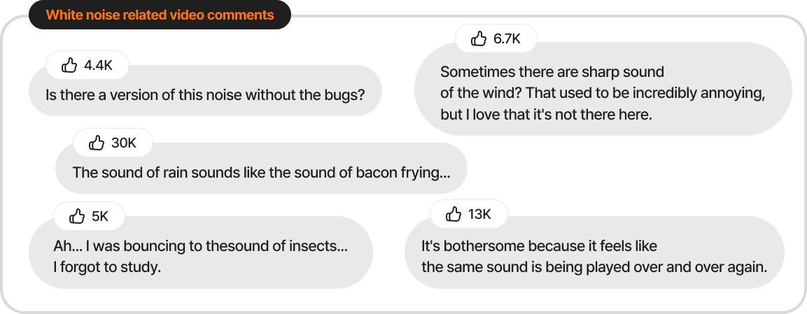 Highly liked comments from YouTube white noise videos.