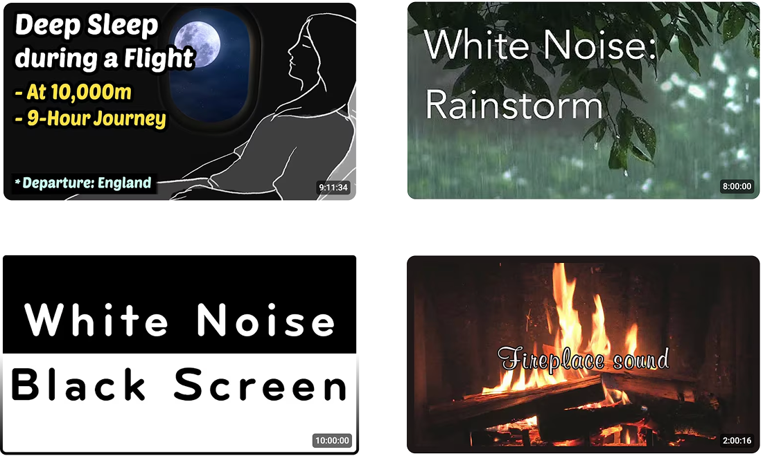 Videos that appear when searching for white noise on YouTube.